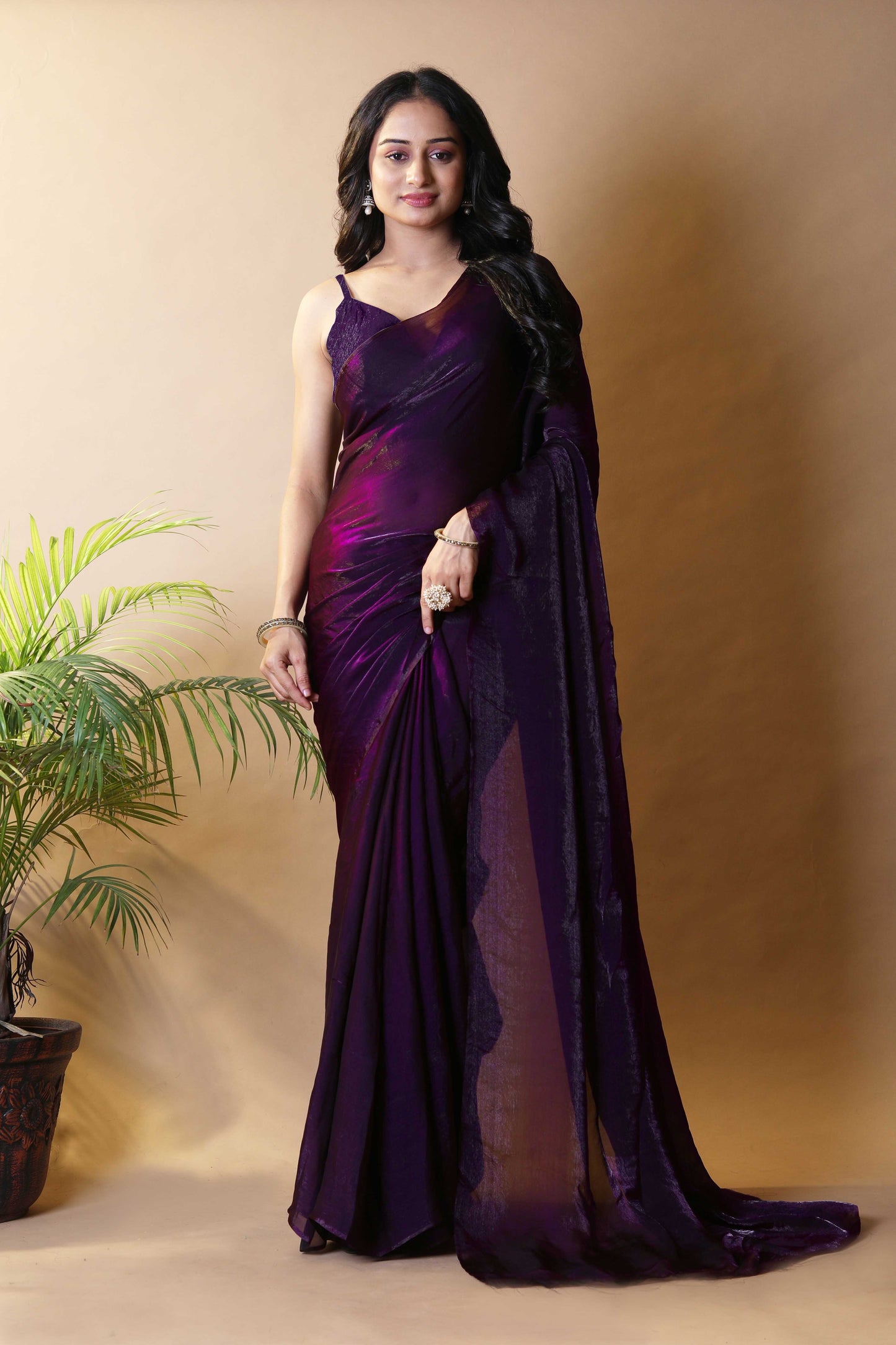 Elegant Dark Purple Shimmer Satin Silk Two Tone Party Wear Saree