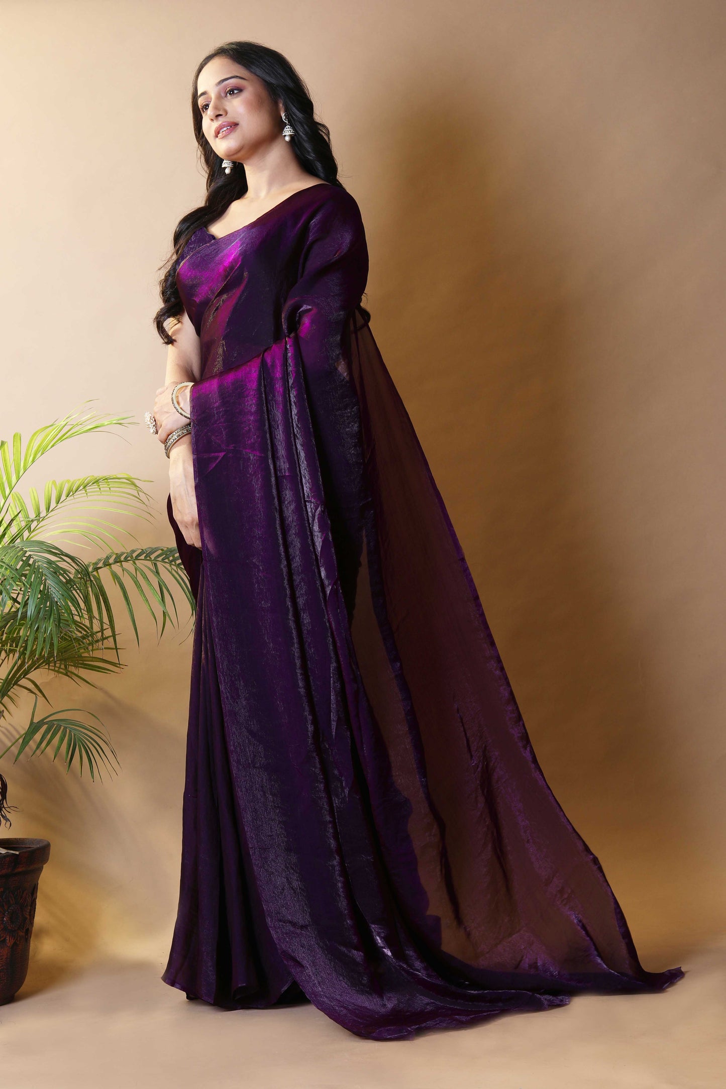 Elegant Dark Purple Shimmer Satin Silk Two Tone Party Wear Saree