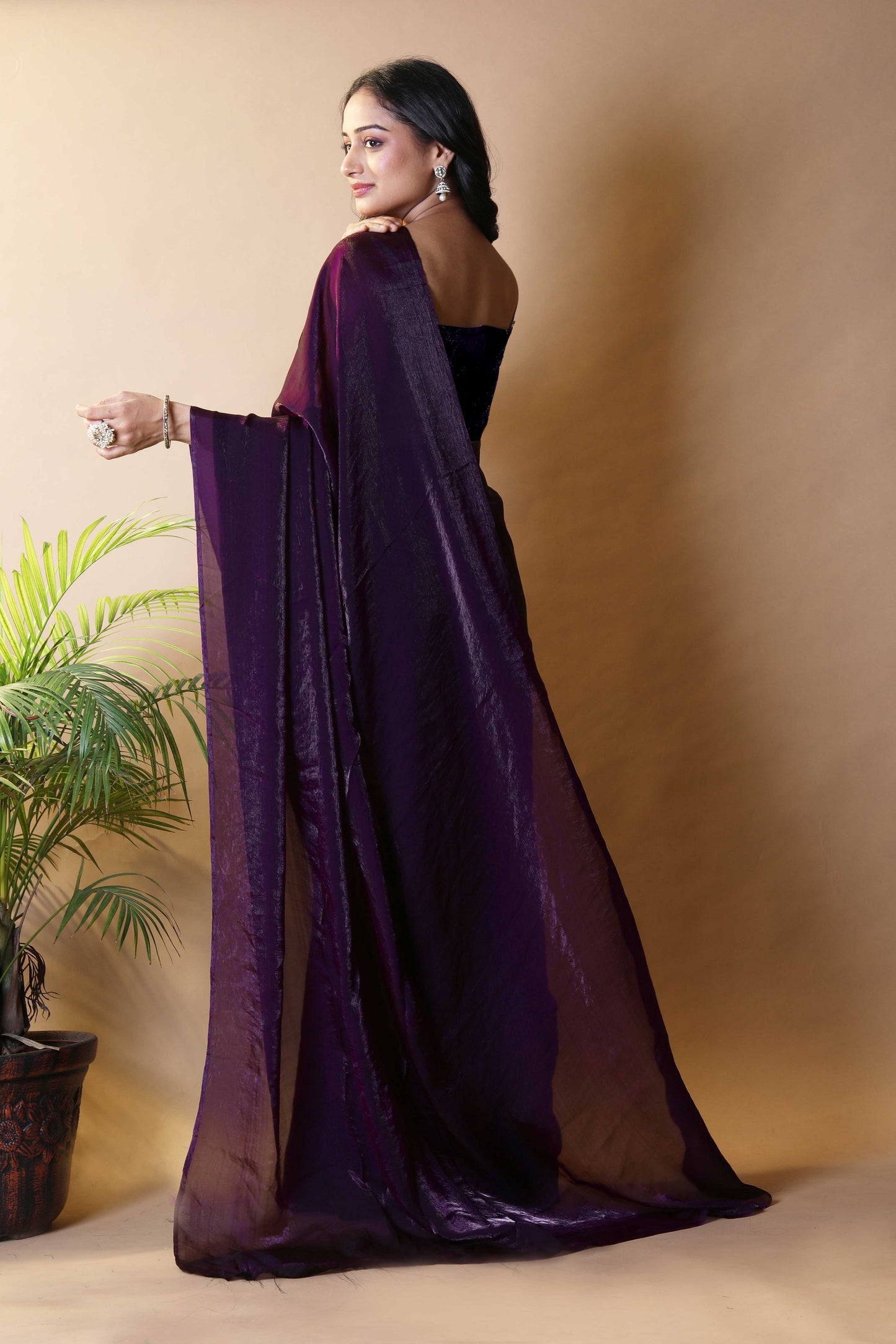 Elegant Dark Purple Shimmer Satin Silk Two Tone Party Wear Saree