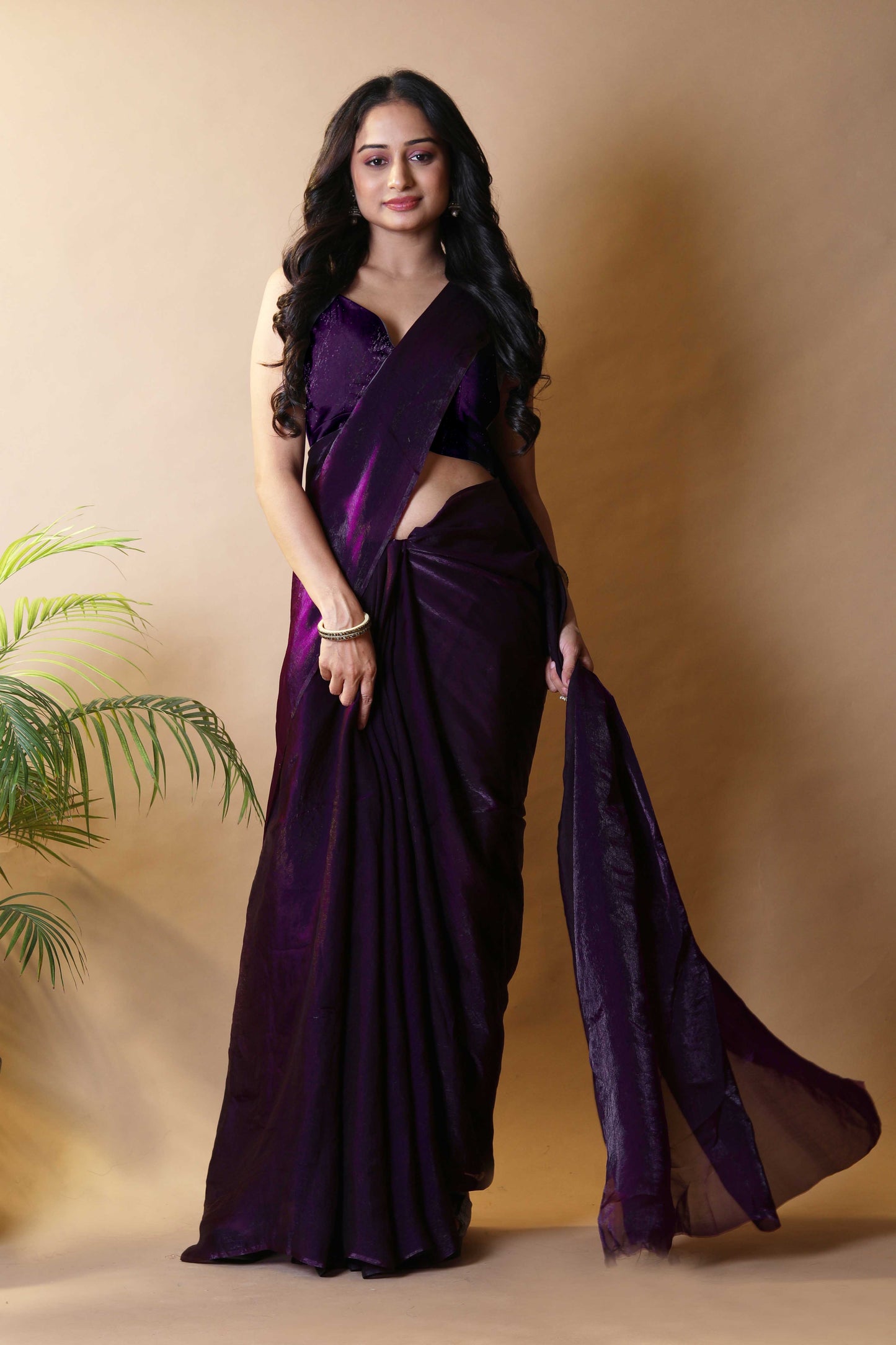 Elegant Dark Purple Shimmer Satin Silk Two Tone Party Wear Saree