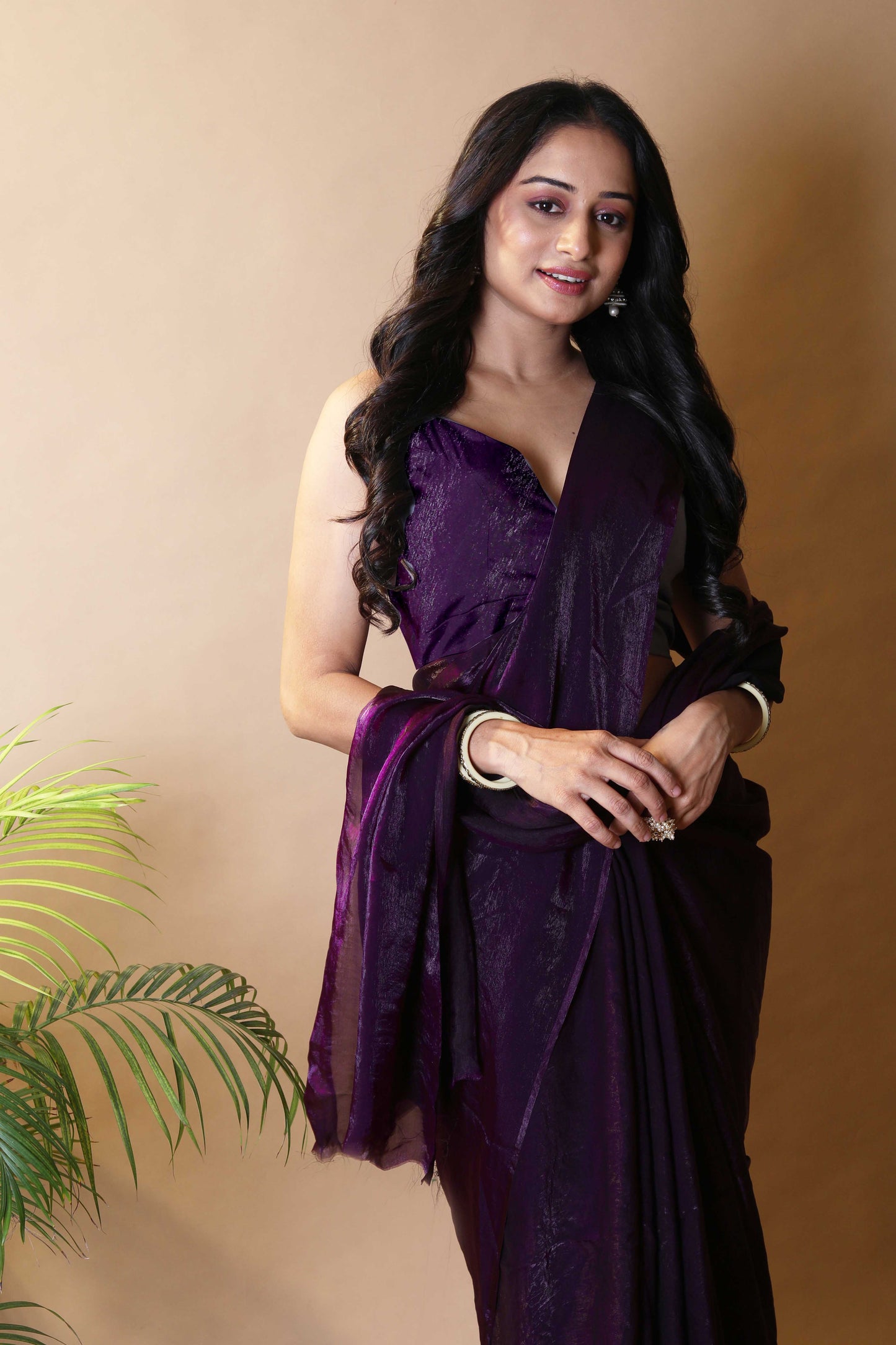 Elegant Dark Purple Shimmer Satin Silk Two Tone Party Wear Saree
