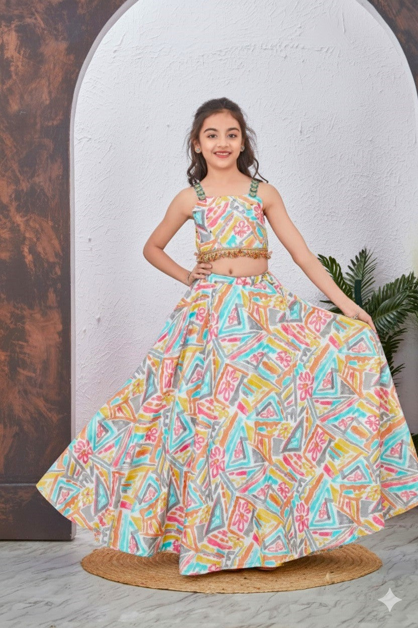 Multicolour Abstract Printed Strappy Neck Crop Top And Lehenga With Sequence Jhalar Lace