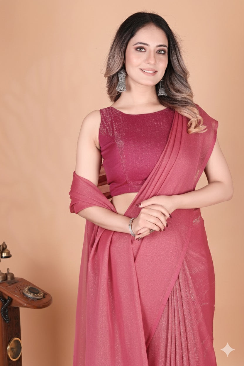 Elegant Light Red Rust Shimmer Tissue Silk Crunchy Party Wear Saree