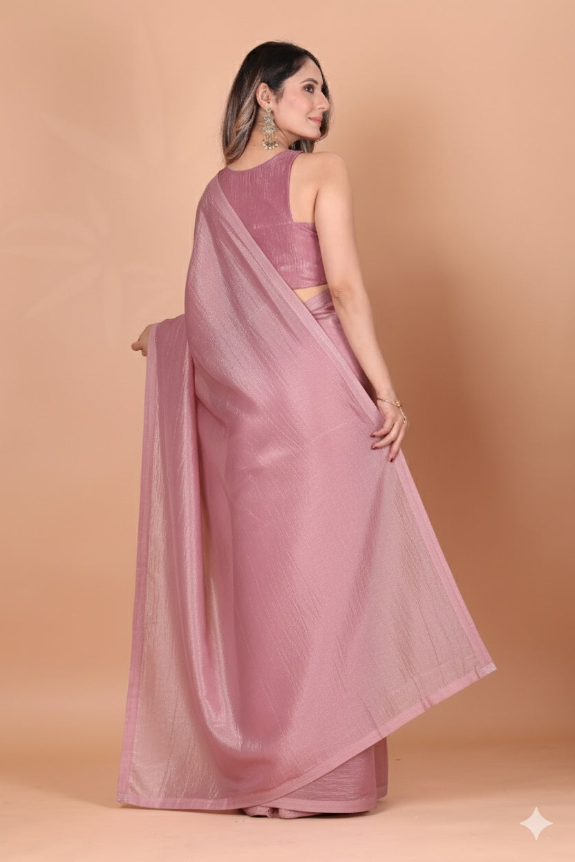 Elegant Baby Pink Tissue Silk Crunchy Party Wear Saree