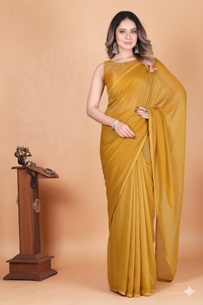 Elegant Musterd Shimmer Tissue Silk Crunchy Party Wear Saree