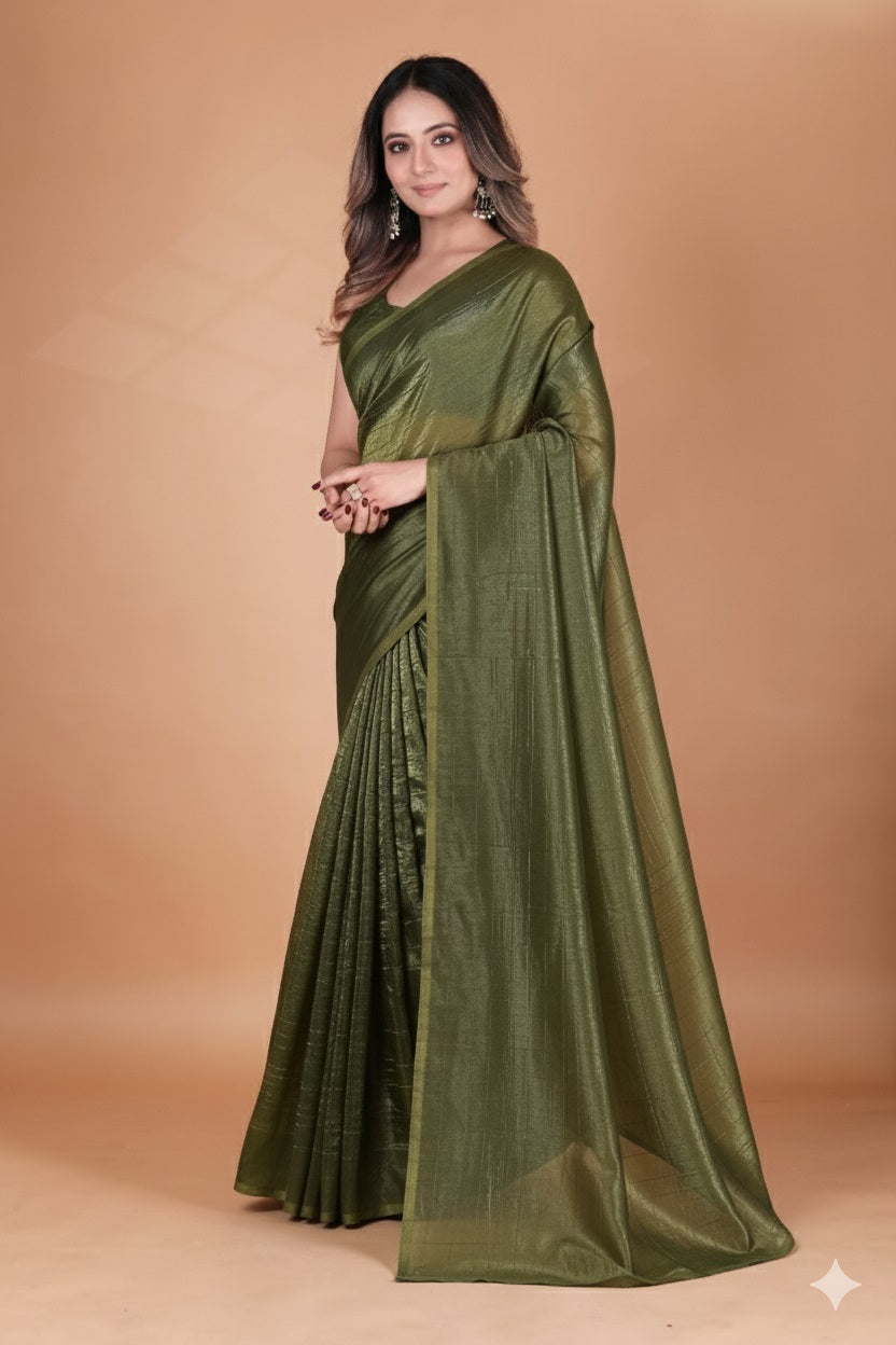 Elegant Mehendi Green Tissue Silk Crunchy Party Wear Saree