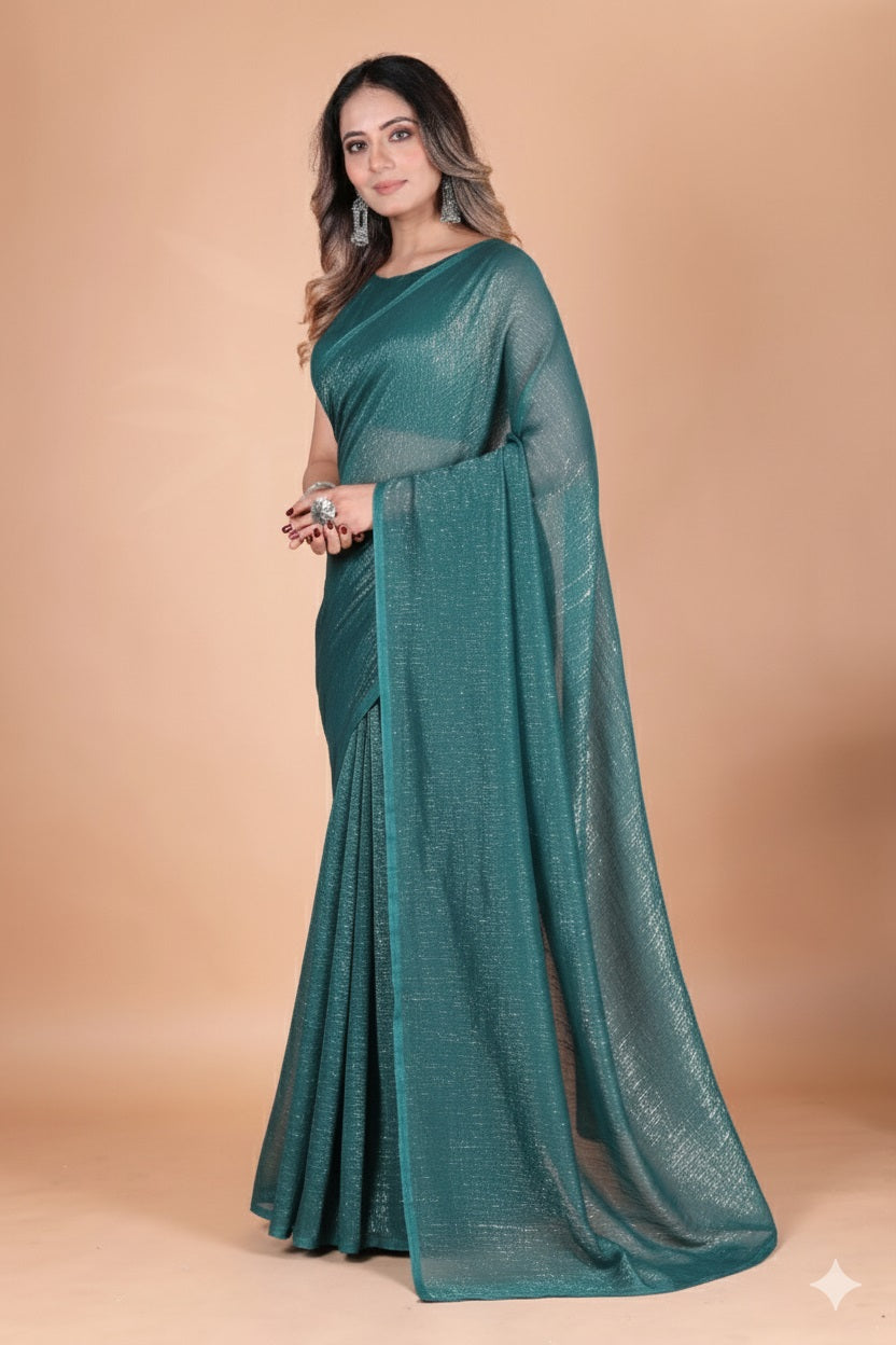 Elegant Bottle Green Shimmer Tissue Silk Crunchy Party Wear Saree