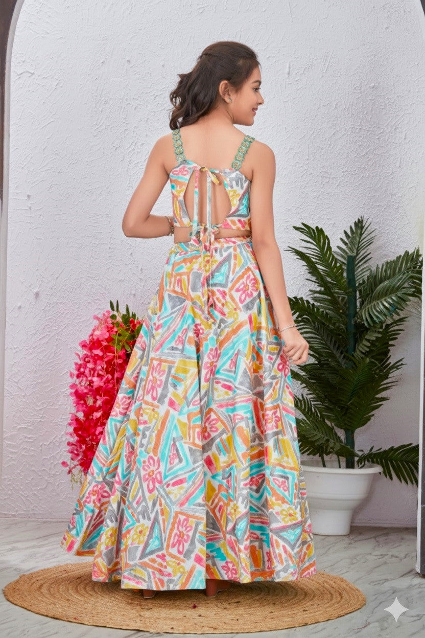 Multicolour Abstract Printed Strappy Neck Crop Top And Lehenga With Sequence Jhalar Lace