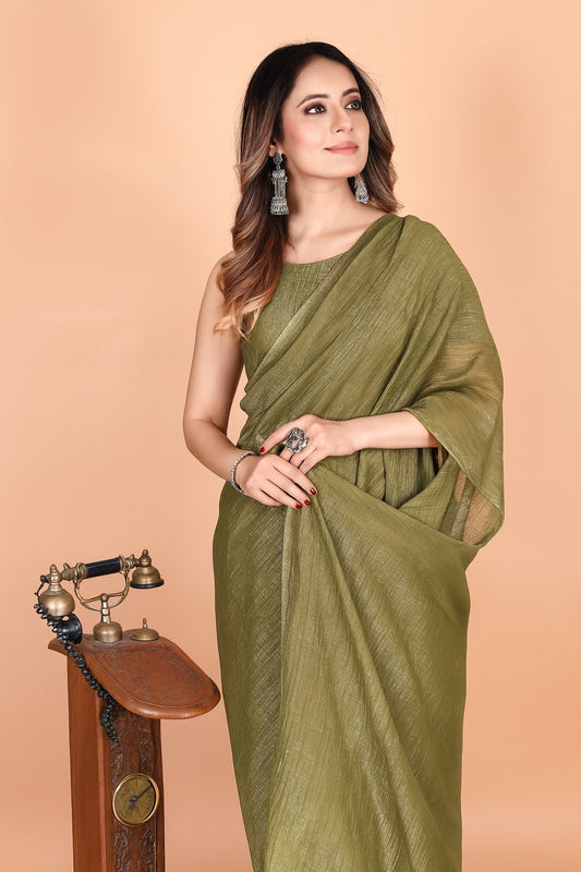 Elegant Light Mehndi Green Shimmer Tissue Silk Crunchy Party Wear Saree
