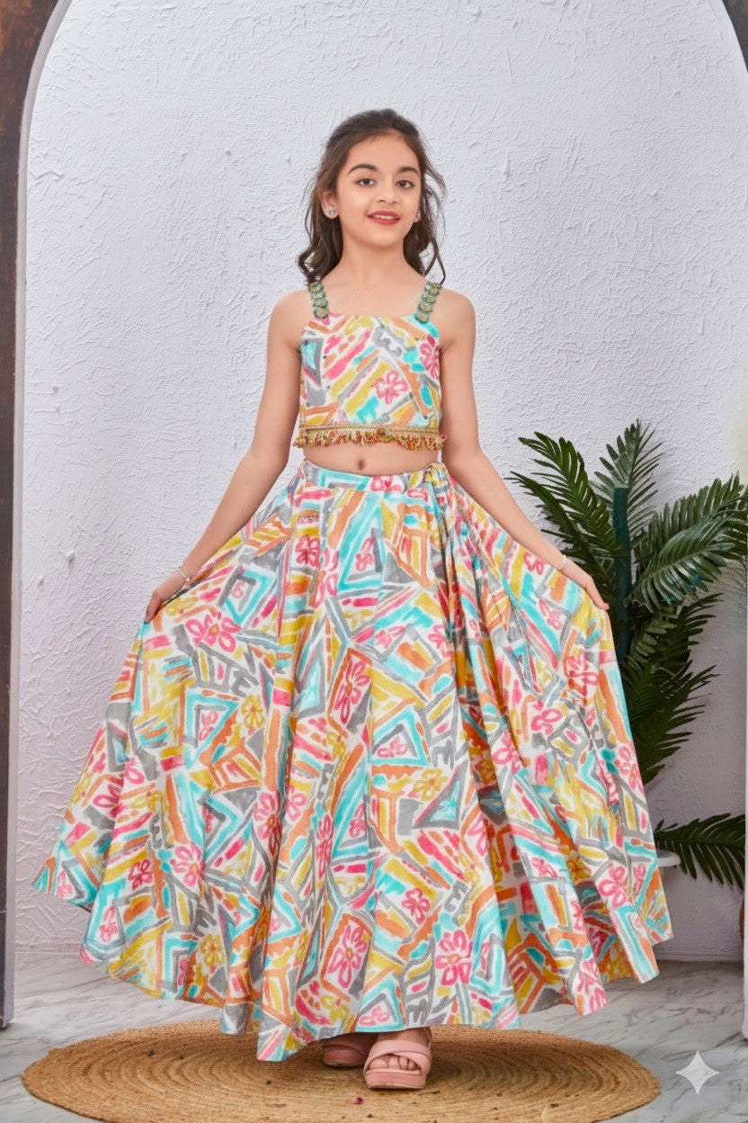 Multicolour Abstract Printed Strappy Neck Crop Top And Lehenga With Sequence Jhalar Lace