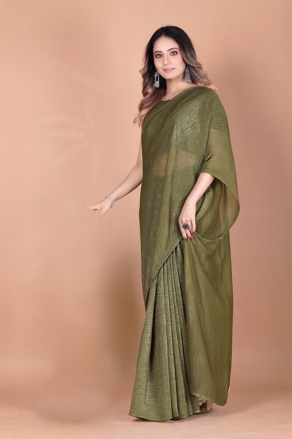 Elegant Olive Green Shimmer Tissue Silk Crunchy Party Wear Saree