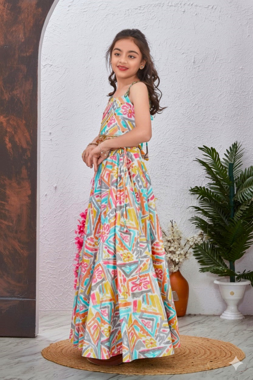 Multicolour Abstract Printed Strappy Neck Crop Top And Lehenga With Sequence Jhalar Lace