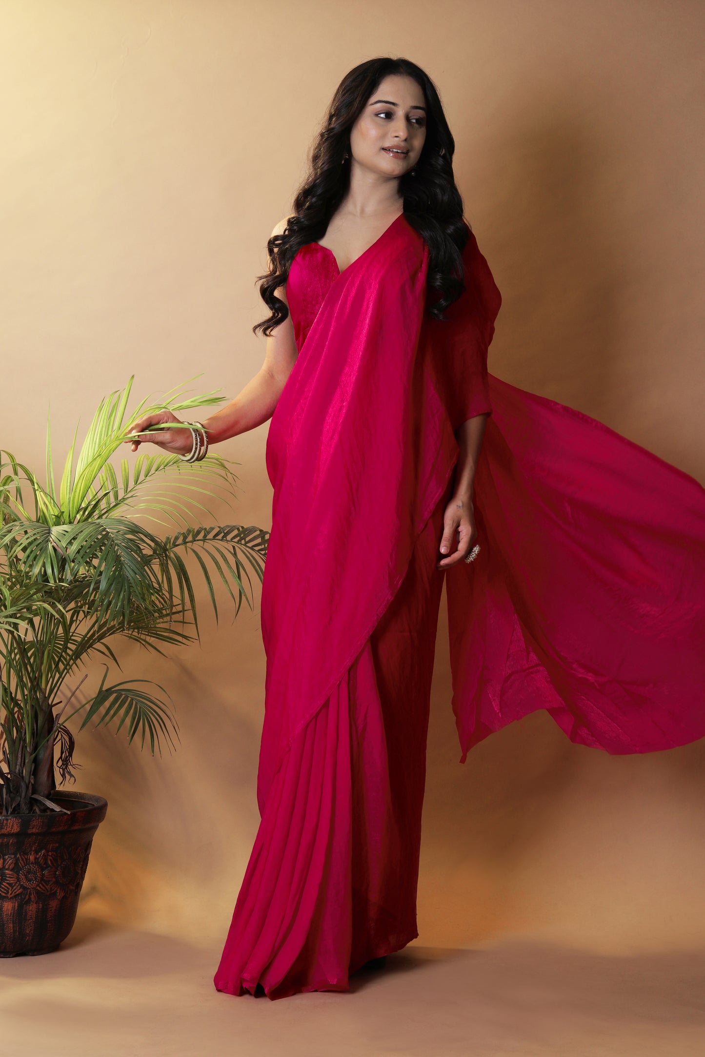 Elegant Rani Pink Shimmer Satin Silk Two Tone Party Wear Saree