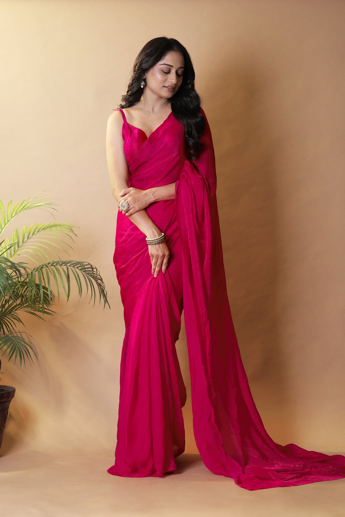 Elegant Rani Pink Shimmer Satin Silk Two Tone Party Wear Saree