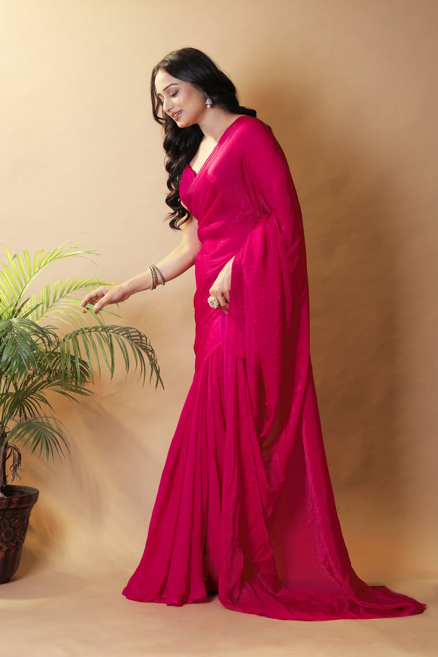 Elegant Rani Pink Shimmer Satin Silk Two Tone Party Wear Saree
