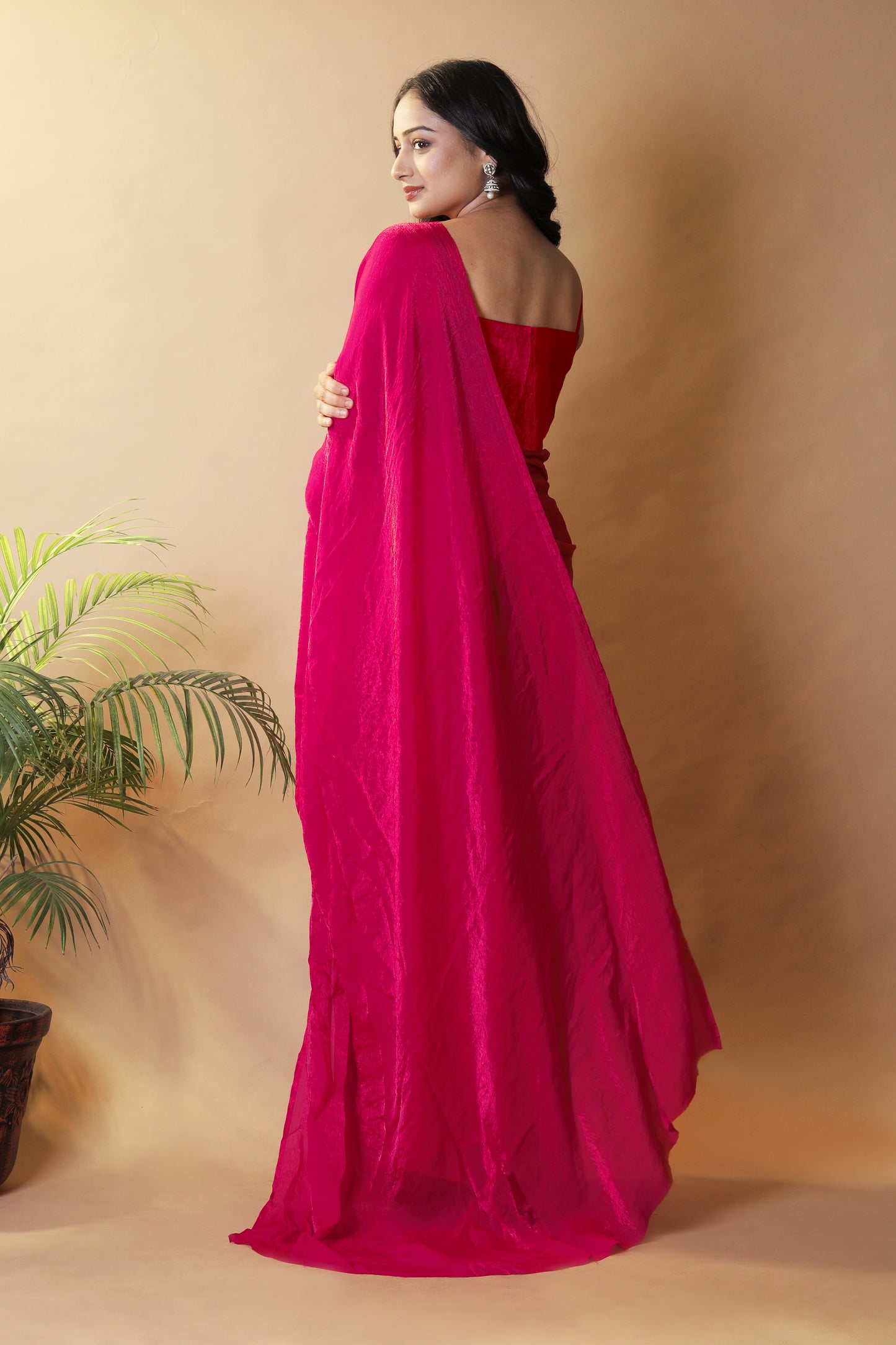 Elegant Rani Pink Shimmer Satin Silk Two Tone Party Wear Saree