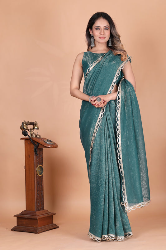 Two Tone Shimmer Crunchy Party Wear Teal Saree with Mirror Lace