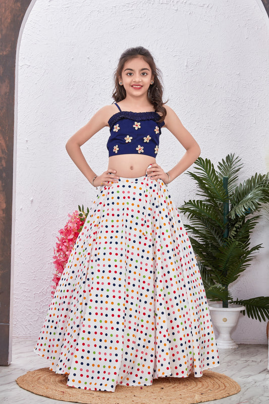 Kid's Baby Girls Navy Blue Crop Top with Polka Dot Flared Lehenga Choli With Kodi Shells Work