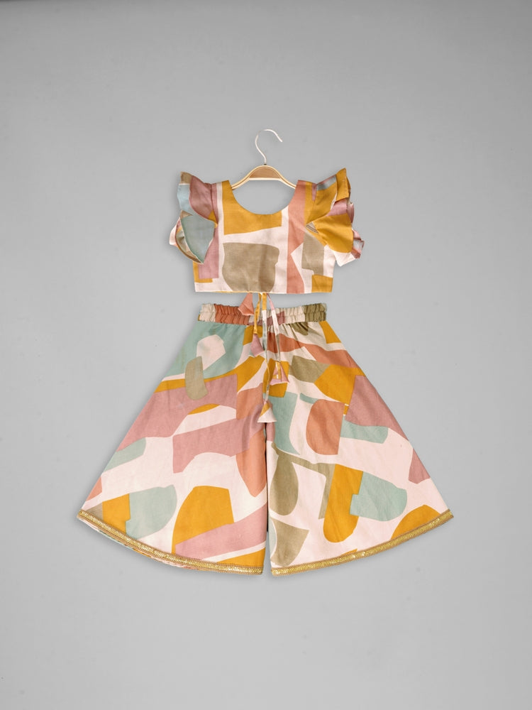 Girls Abstract Printed Crop Top And Palazzo Set With Bottom Lace