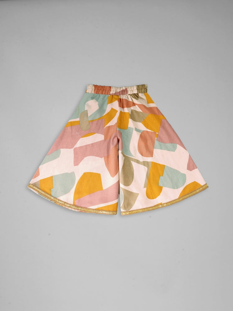 Girls Abstract Printed Crop Top And Palazzo Set With Bottom Lace