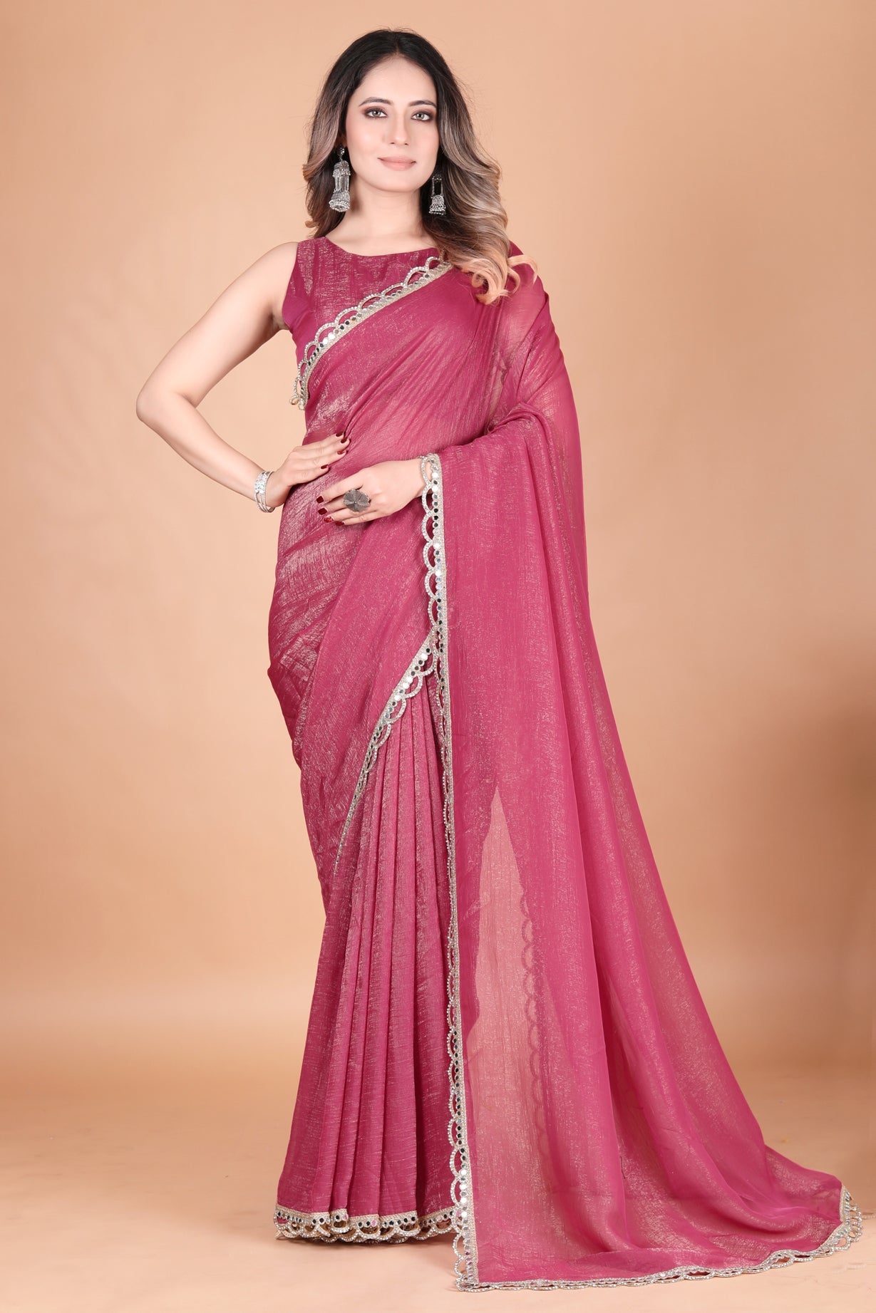 Two Tone Shimmer Crunchy Party Wear Gajari Saree with Mirror Lace