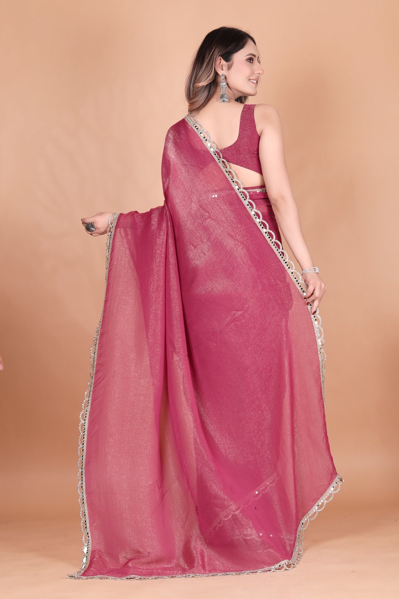 Two Tone Shimmer Crunchy Party Wear Gajari Saree with Mirror Lace