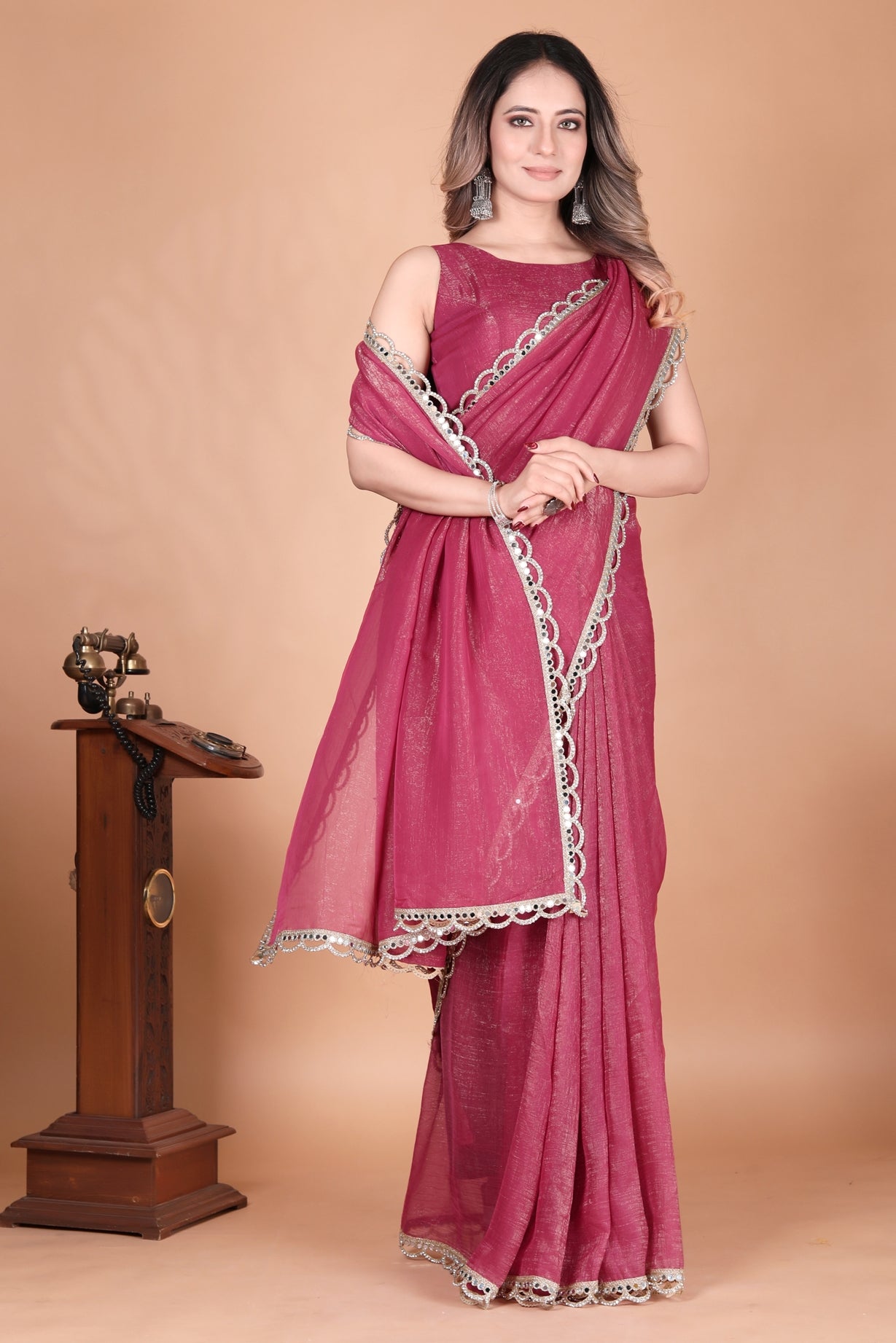 Two Tone Shimmer Crunchy Party Wear Gajari Saree with Mirror Lace