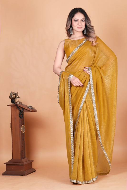 Two Tone Shimmer Crunchy Party Wear Musterd Saree with Bead And diamond Lace