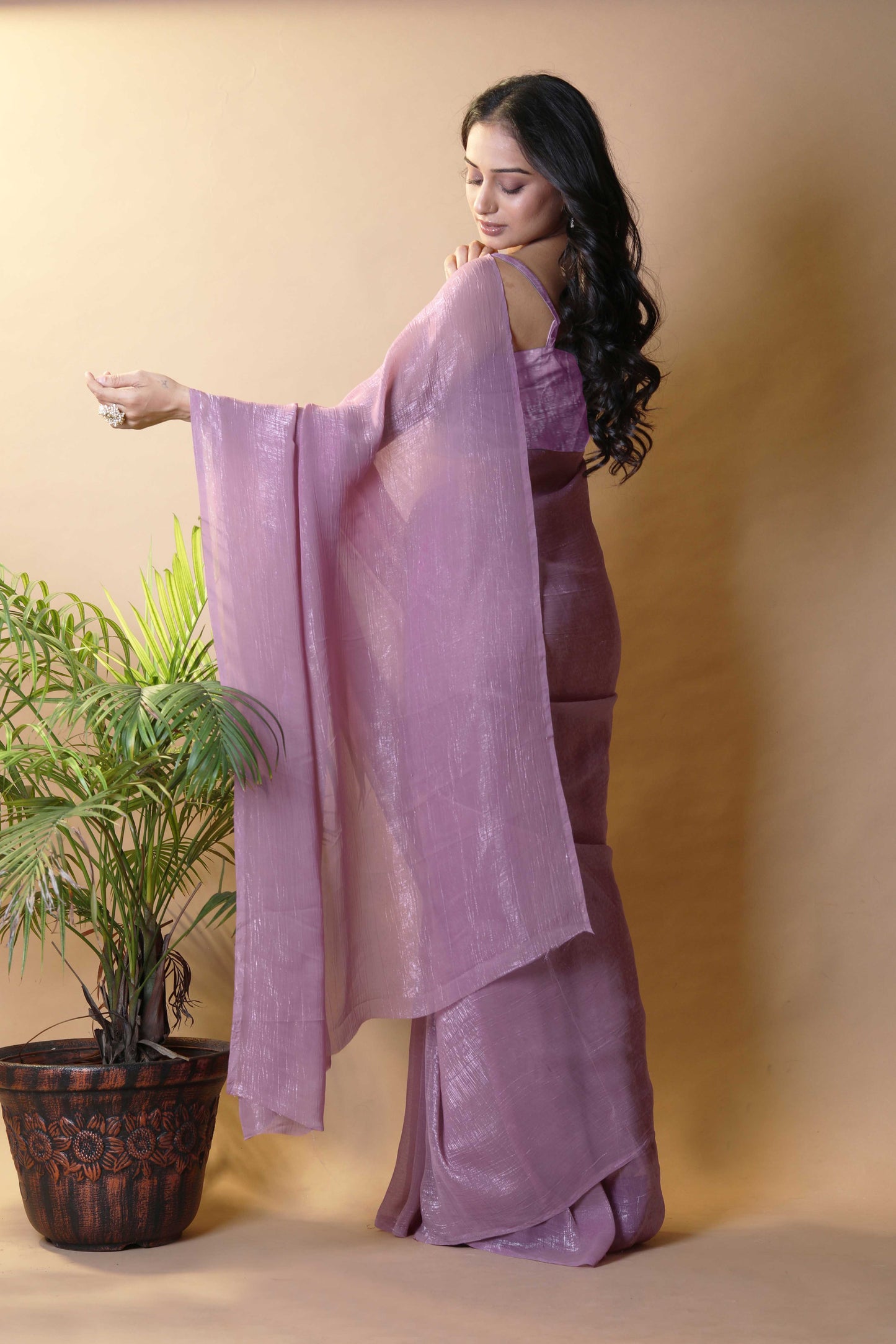 Elegant Lavender Shimmer Tissue Silk Crunchy Party Wear Saree