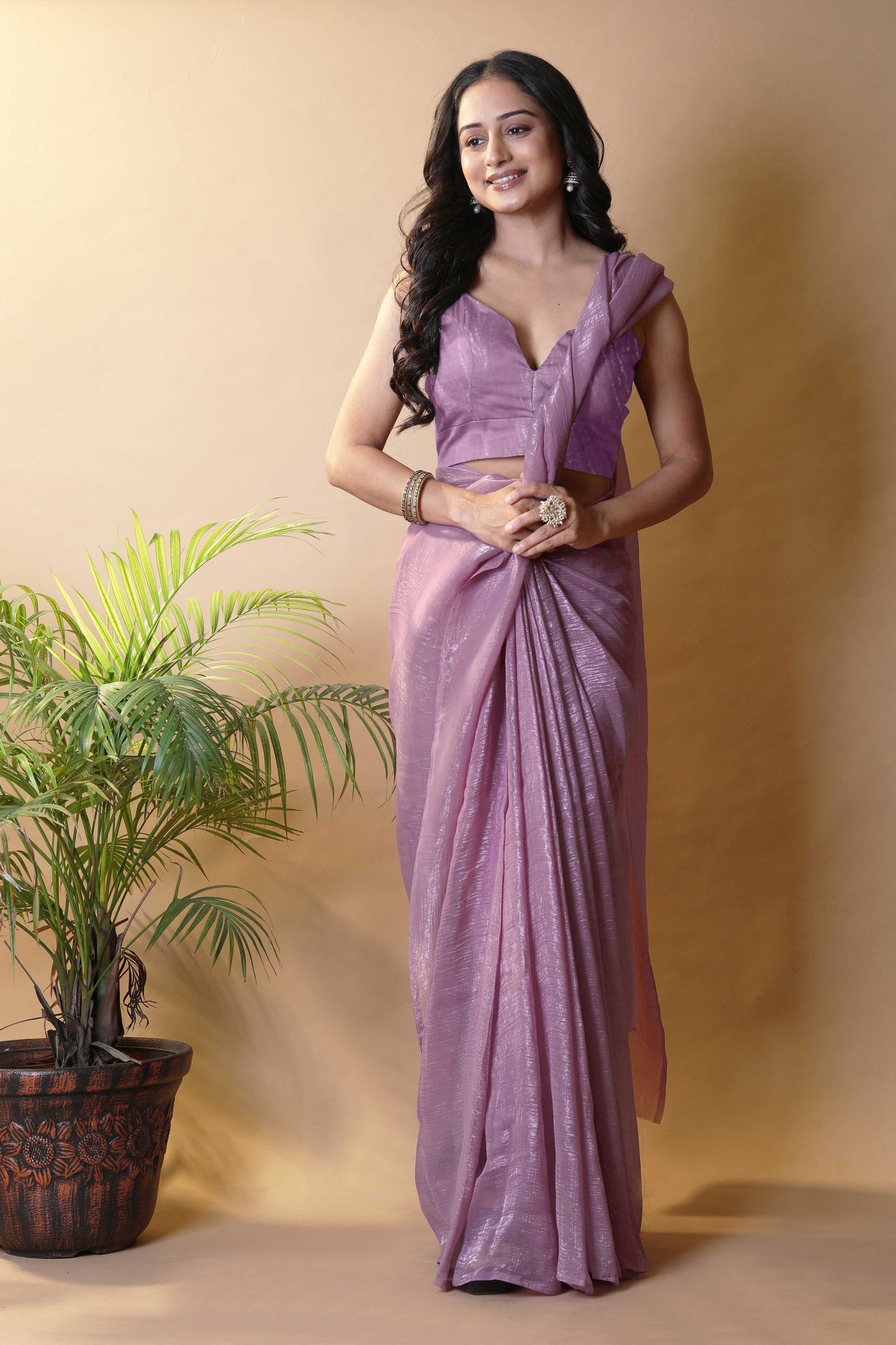 Elegant Lavender Shimmer Tissue Silk Crunchy Party Wear Saree