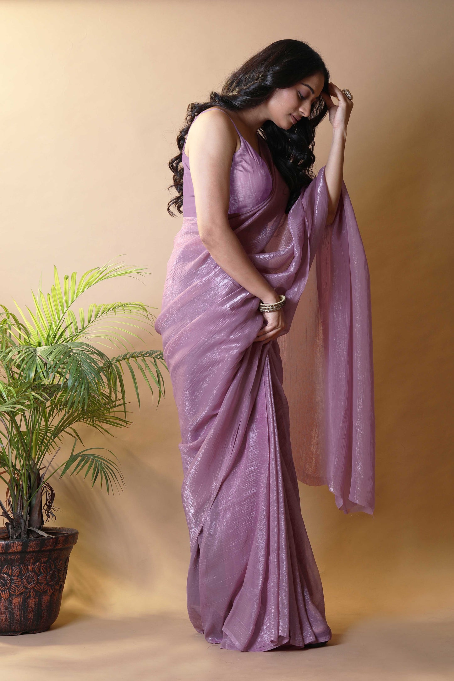 Elegant Lavender Shimmer Tissue Silk Crunchy Party Wear Saree